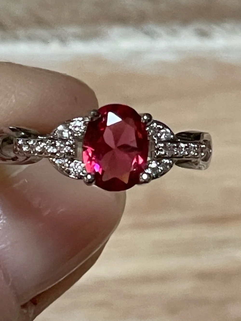 Ruby-tone Red Crystal Gemstone Solitaire Ring w Pavé Accents in Polished Silver